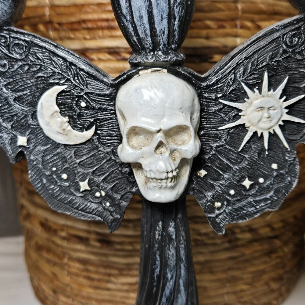 Gothic Skull Moth Candelabra Resin Candle Holder Black Celestial Halloween Decor